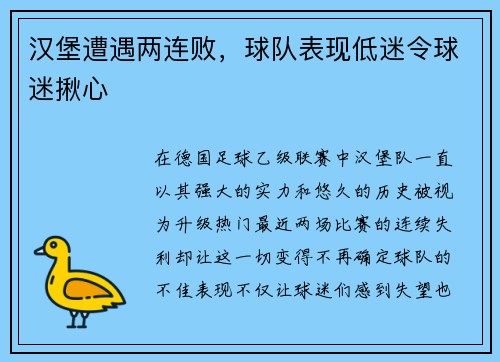 汉堡遭遇两连败，球队表现低迷令球迷揪心