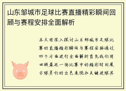 山东邹城市足球比赛直播精彩瞬间回顾与赛程安排全面解析